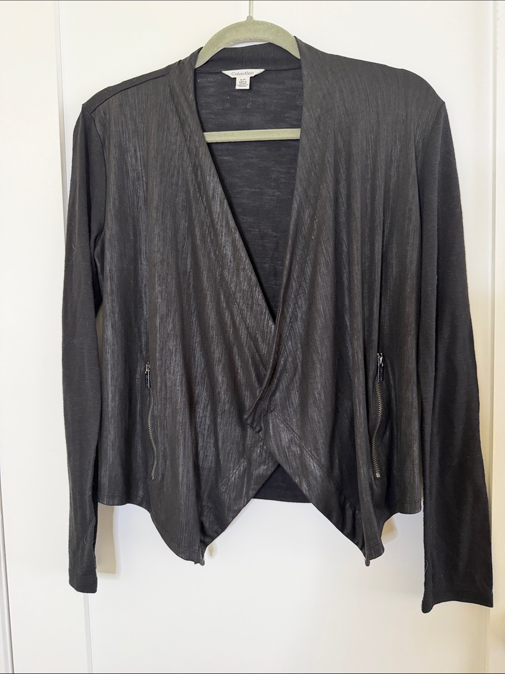 Calvin Klein Black Draped Open-Front Cardigan with Zip Pockets